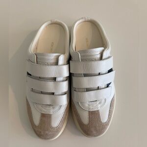 Veronica Beard White and Beige Suede-Trim Velcro Sneakers